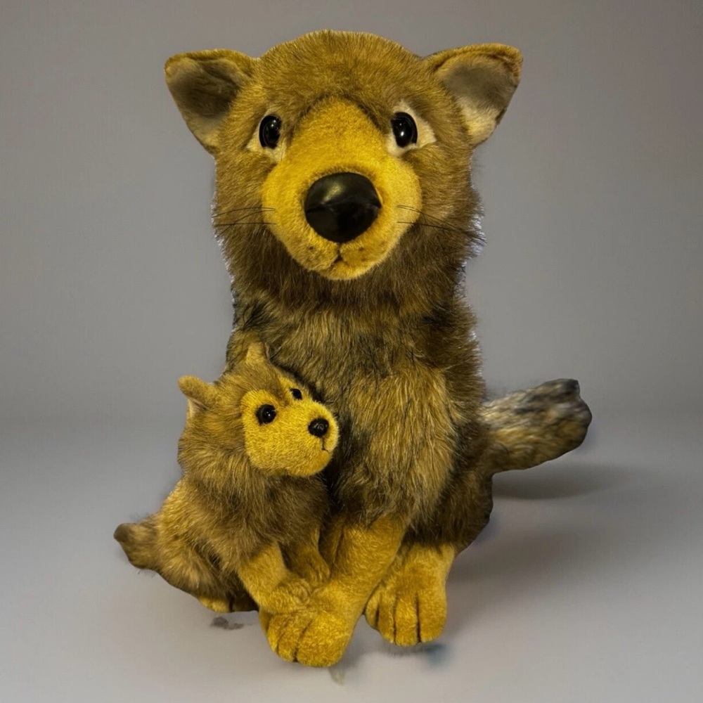 Realistic Plush Mother Wolf Dog and Baby Pup Life-Like Fine Toy Co RARE